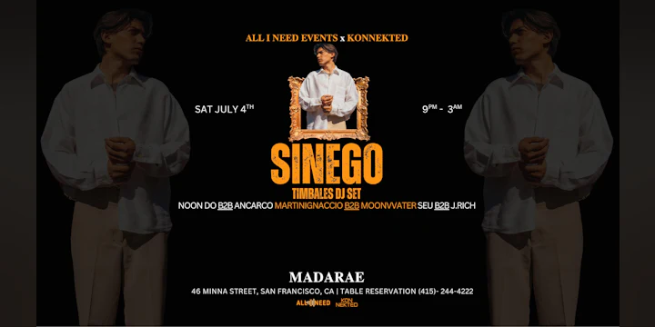 SINEGO (Timbales Dj Set) ►2 FOR 1 DRINKS 9p to 11p