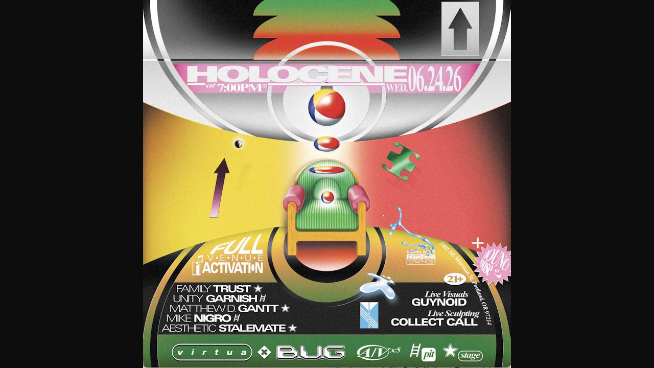 A full venue activation of Holocene: Featuring a/v sets by Matthew D. Gantt, Mike Nigro, Aesthetic Stalemate + more!