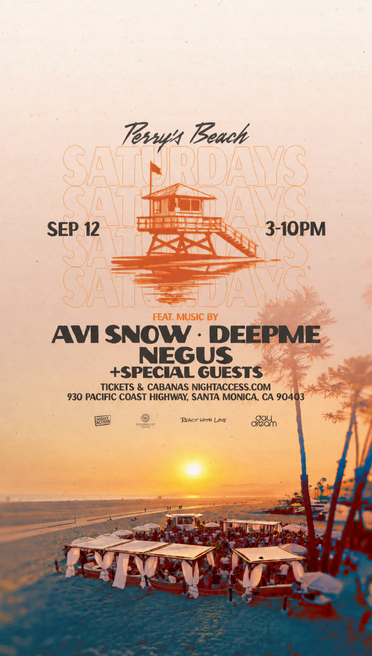 Perry’s Beach Club Feat. Music By AVI SNOW • DEEPME + NEGUS • SPECIAL GUESTS  • Santa Monica Beach Sat, Sep 12th