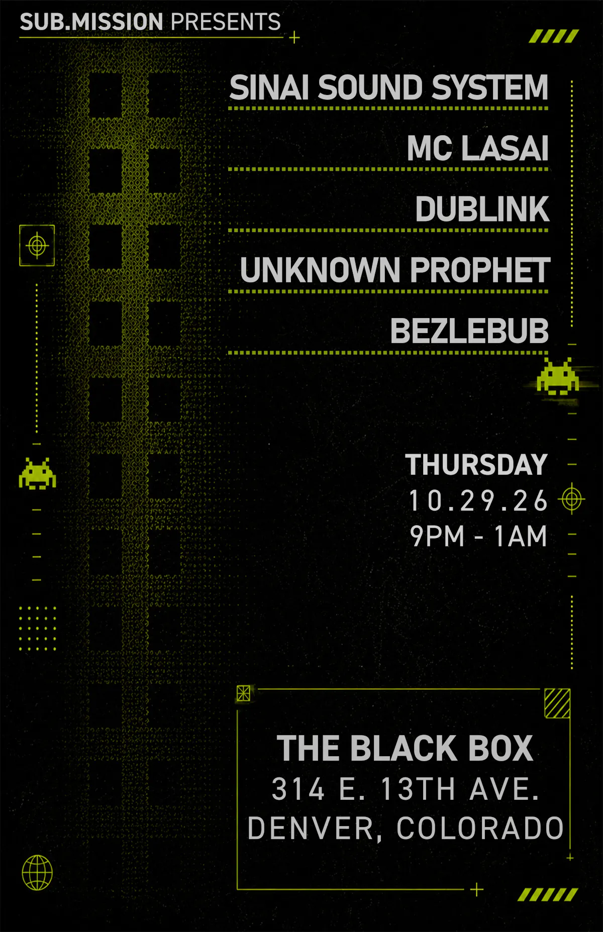 Sub.mission presents: Sinai Sound System, MC Lasai, Dublink, Unknown Prophet, Bezlebub